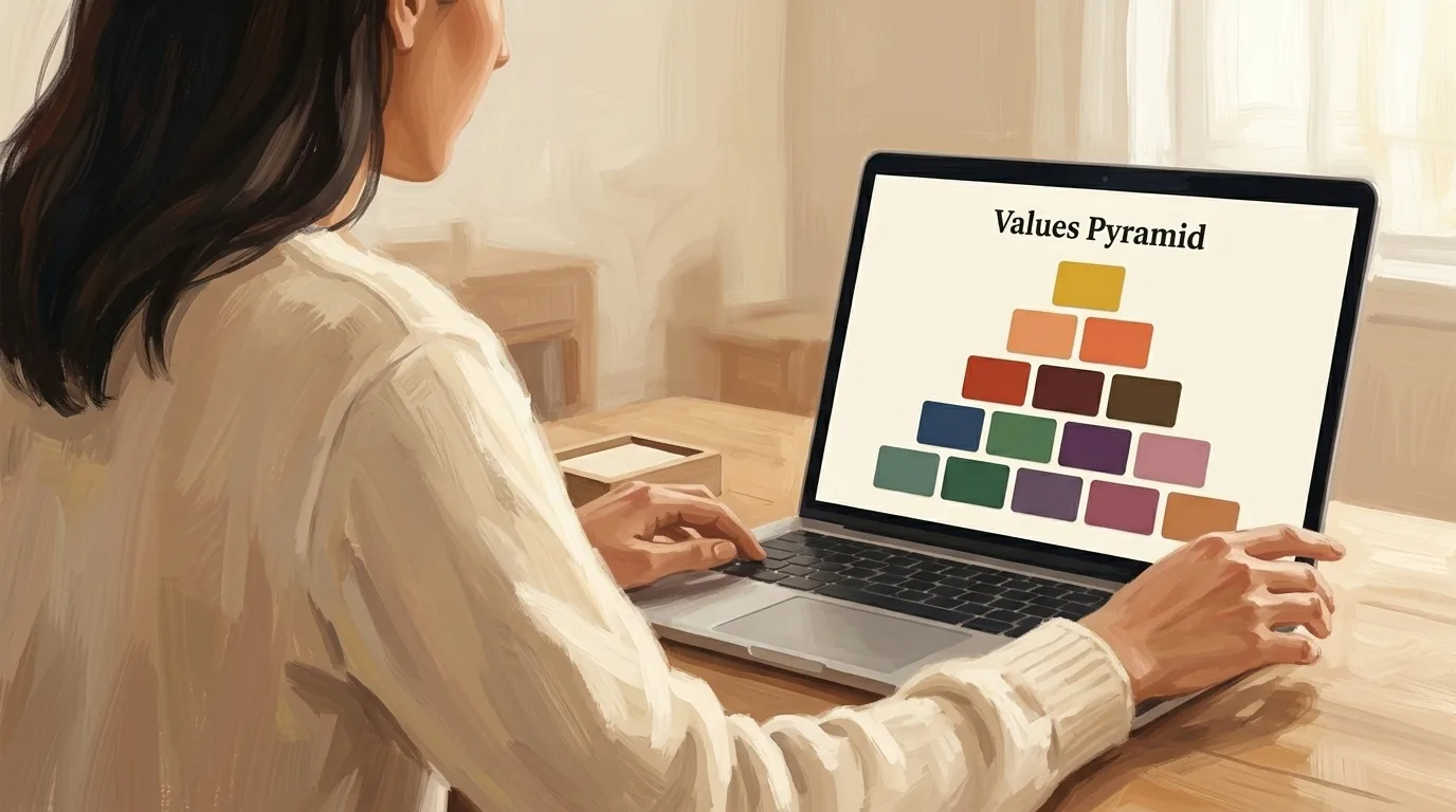 Person at a laptop with the values pyramid on screen