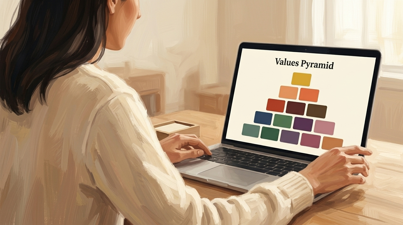Person at a laptop with the values pyramid on screen