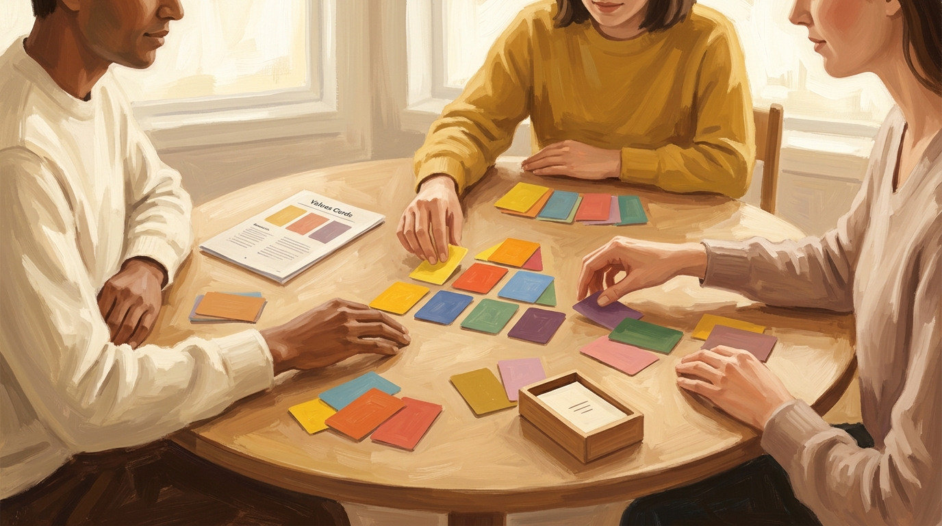 A group at a table sorting the physical values cards